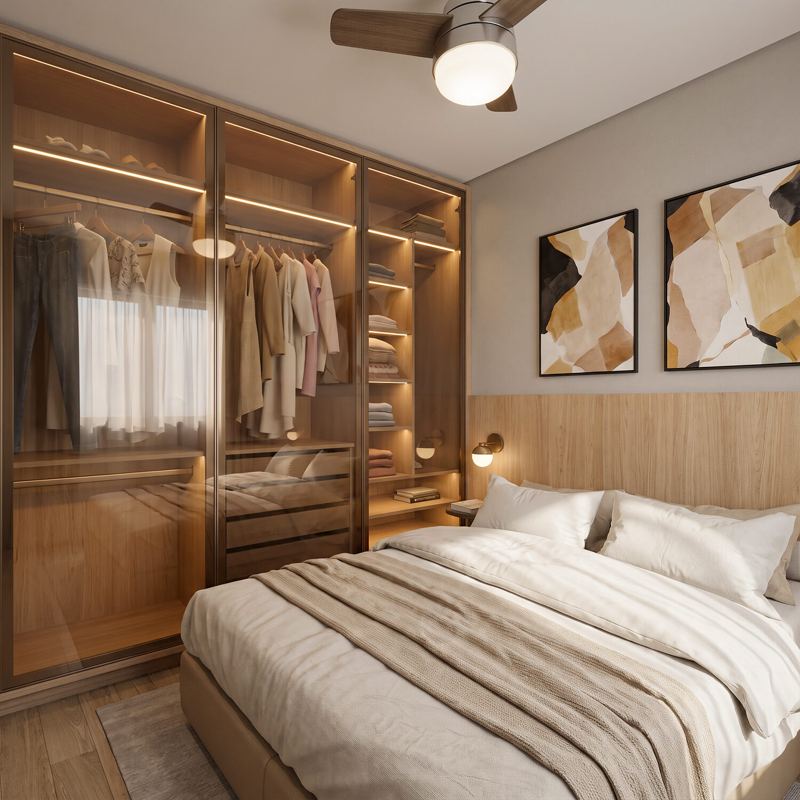 Holland: dormitório com guarda-roupa de vidro âmbar iluminado